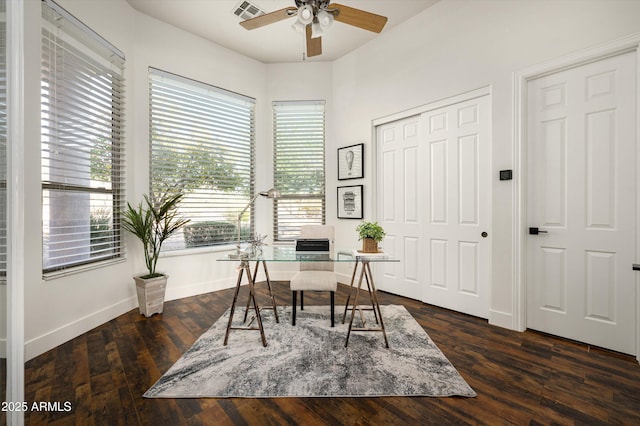 3946 N Pinnacle Hills Cir, Mesa, AZ 85207 - home office featuring ceiling fan, plenty of natural light, and dark wood-type flooring