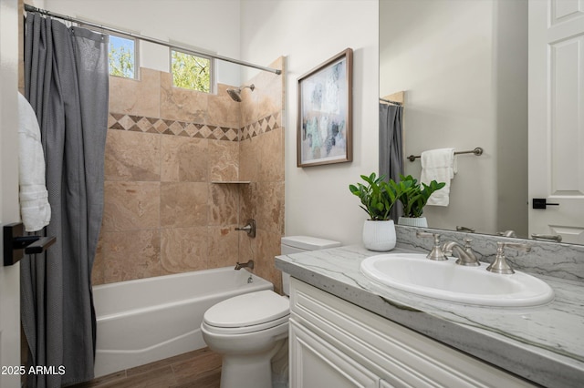 3946 N Pinnacle Hills Cir, Mesa, AZ 85207 - full bath with shower / bath combo with shower curtain, vanity, and wood finished floors