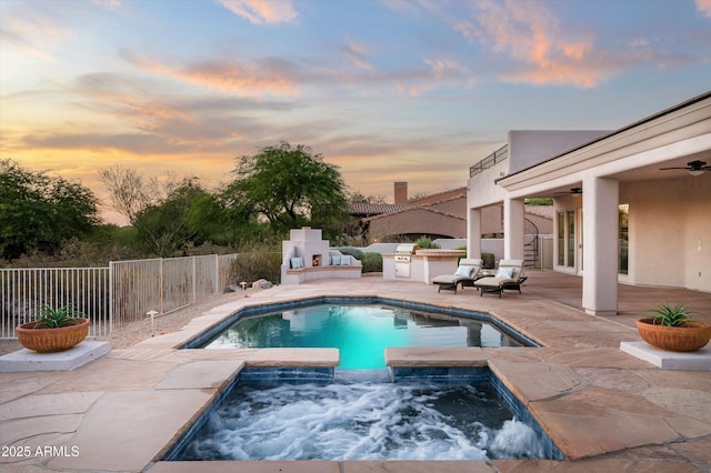 3946 N Pinnacle Hills Cir, Mesa, AZ 85207 - view of pool with area for grilling, a patio area, a ceiling fan, and a pool with connected hot tub