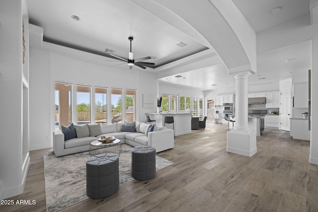 3946 N Pinnacle Hills Cir, Mesa, AZ 85207 - living area featuring ornate columns, a ceiling fan, a raised ceiling, and light wood-style flooring