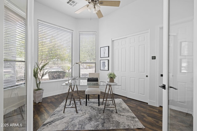 3946 N Pinnacle Hills Cir, Mesa, AZ 85207 - office with a ceiling fan and dark wood-style floors