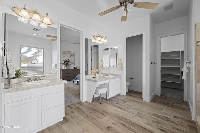3946 N Pinnacle Hills Cir, Mesa, AZ 85207 - bathroom featuring vanity, wood finished floors, a ceiling fan, connected bathroom, and a walk in closet