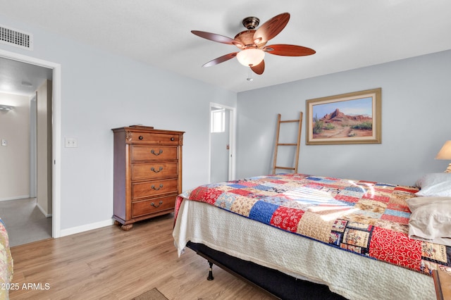 bedroom featuring ceiling fan and light wood-type flooring