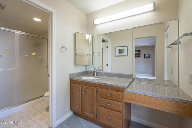 full bath featuring tile patterned flooring, toilet, visible vents, vanity, and a stall shower