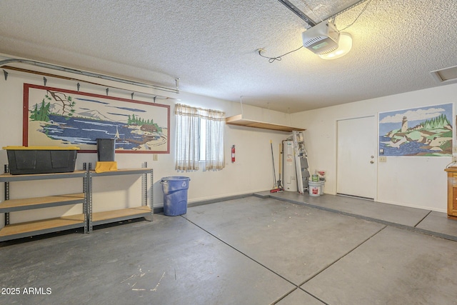 garage with water heater, baseboards, and a garage door opener