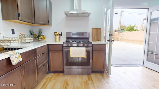 kitchen featuring stainless steel range with gas cooktop, ventilation hood, sink, light wood-type flooring, and french doors