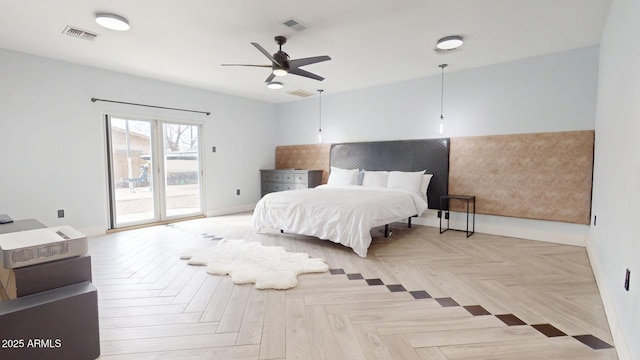 bedroom featuring ceiling fan, access to outside, and light parquet floors