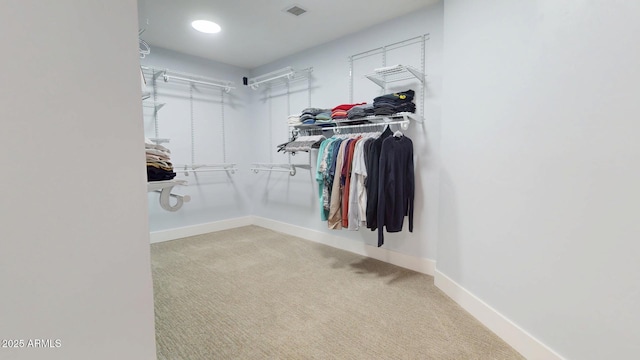 spacious closet featuring light colored carpet