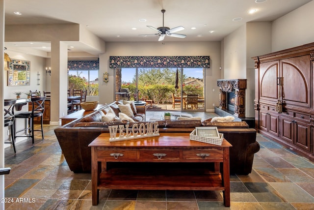 living room with ceiling fan