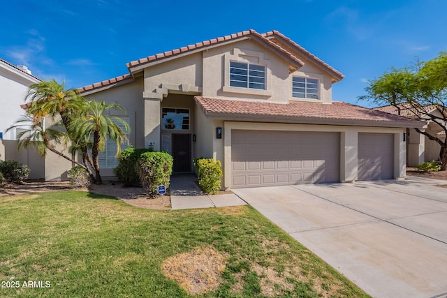 3837 E Windsong Dr, Phoenix, AZ 85048 - view of front facade with a tile roof, stucco siding, driveway, a garage, and a front yard