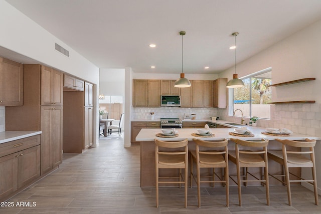 3837 E Windsong Dr, Phoenix, AZ 85048 - kitchen with stainless steel appliances, a sink, tasteful backsplash, a peninsula, and recessed lighting