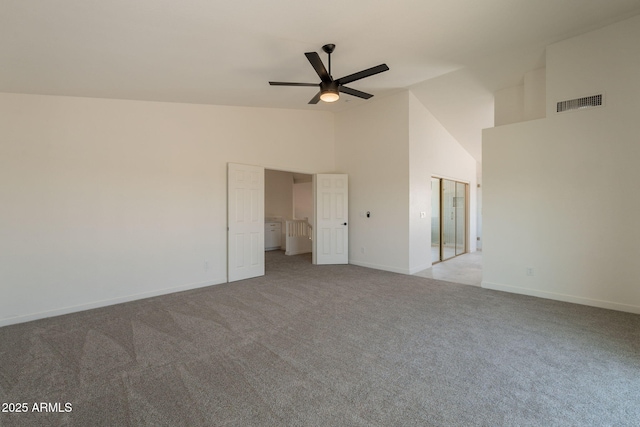 3837 E Windsong Dr, Phoenix, AZ 85048 - unfurnished bedroom with high vaulted ceiling, carpet, baseboards, and a ceiling fan