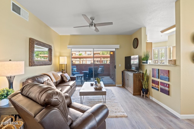 living room featuring baseboards, ceiling fan, light wood finished floors, and visible vents