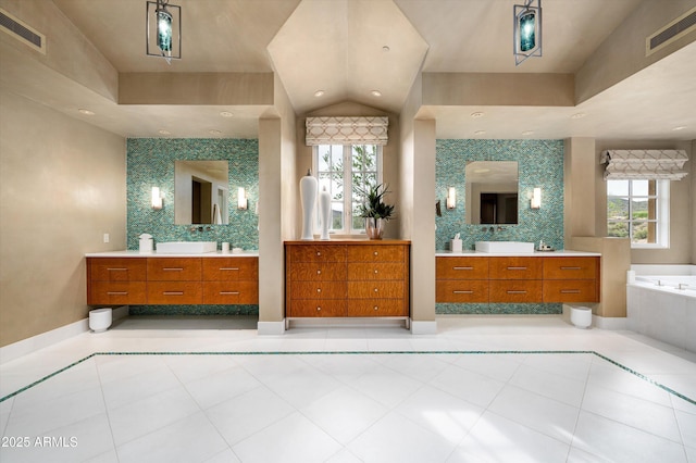 full bathroom featuring visible vents, plenty of natural light, and tile patterned flooring