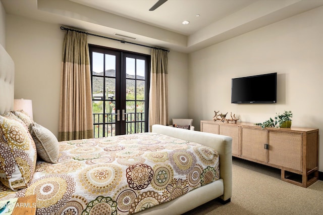 carpeted bedroom with access to outside, french doors, recessed lighting, and visible vents