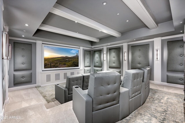 home theater room featuring recessed lighting, beamed ceiling, light carpet, and baseboards
