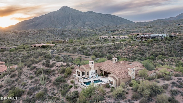 birds eye view of property featuring a mountain view