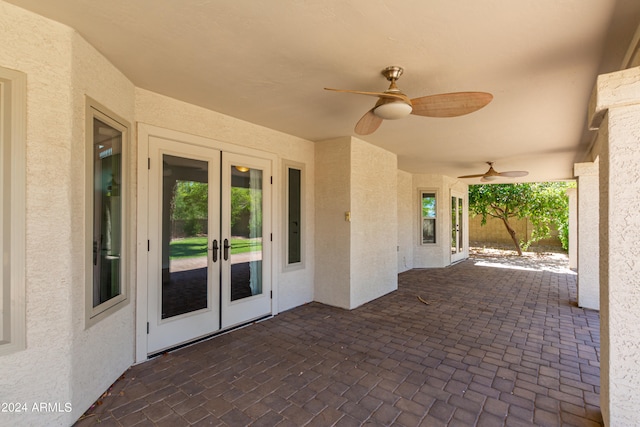 view of patio / terrace with ceiling fan and french doors