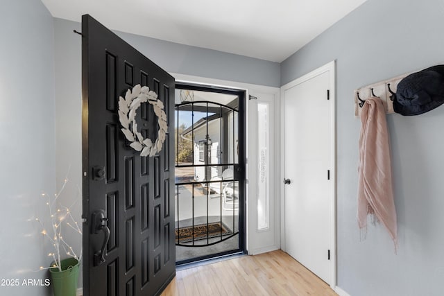 foyer entrance with light hardwood / wood-style flooring