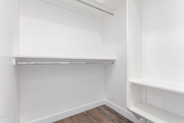 walk in closet with dark wood-type flooring