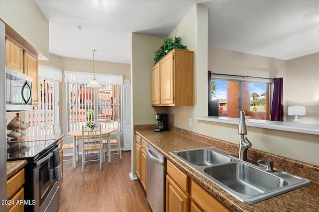 kitchen with decorative light fixtures, sink, appliances with stainless steel finishes, wood-type flooring, and light brown cabinets