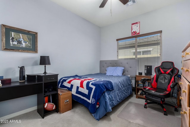 bedroom featuring ceiling fan and light colored carpet