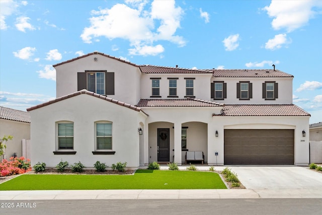 3919 W Abalone Ln, San Tan Valley, AZ 85144 - mediterranean / spanish house with a tiled roof, an attached garage, stucco siding, concrete driveway, and a porch