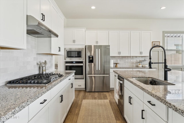 3919 W Abalone Ln, San Tan Valley, AZ 85144 - kitchen featuring stainless steel appliances, under cabinet range hood, a sink, wood finished floors, and white cabinets