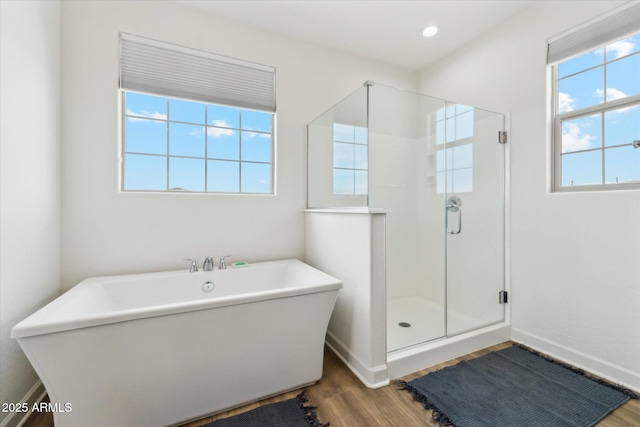 3919 W Abalone Ln, San Tan Valley, AZ 85144 - bathroom featuring wood finished floors, a freestanding tub, a shower stall, and baseboards