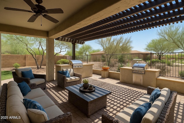 12727 W Lowden Rd, Peoria, AZ 85383 - fenced backyard with an outdoor living space, a pergola, a patio, and a ceiling fan