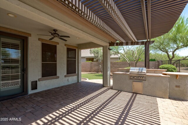 12727 W Lowden Rd, Peoria, AZ 85383 - fenced backyard with area for grilling, a ceiling fan, and a patio