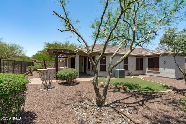 12727 W Lowden Rd, Peoria, AZ 85383 - rear view of property with central AC, stucco siding, a tiled roof, a patio, and a pergola