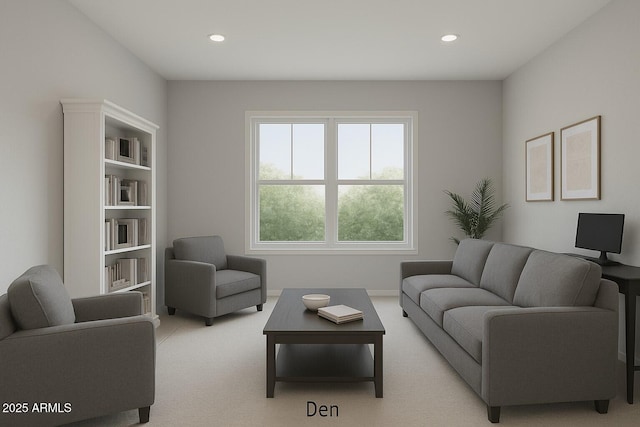 living area featuring light carpet and recessed lighting