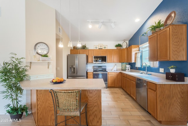 kitchen with a peninsula, stainless steel appliances, a sink, and light countertops