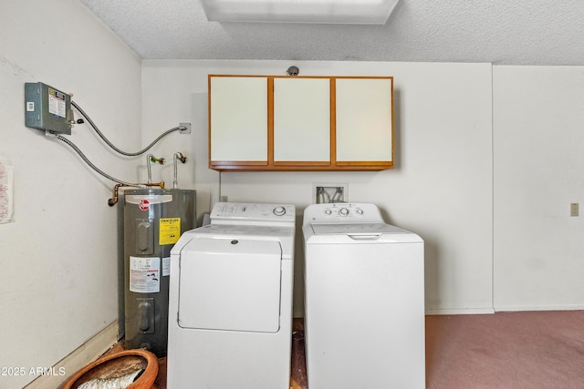 clothes washing area featuring carpet flooring, washer and dryer, cabinets, a textured ceiling, and electric water heater