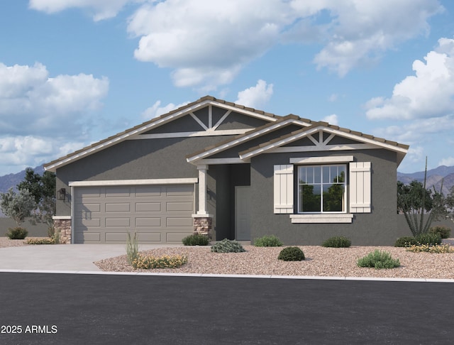 view of front of home with stucco siding, driveway, and stone siding