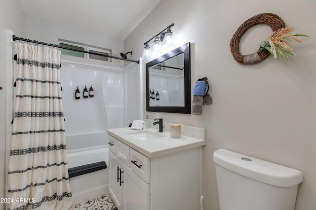 full bathroom featuring vanity, toilet, and shower / bathtub combination with curtain