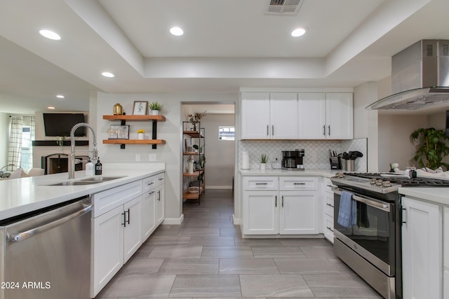 kitchen with sink, white cabinets, wall chimney range hood, and appliances with stainless steel finishes