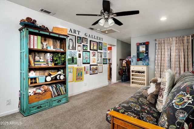 1027 E El Camino Dr, Phoenix, AZ 85020 - living room featuring carpet, a ceiling fan, baseboards, and recessed lighting