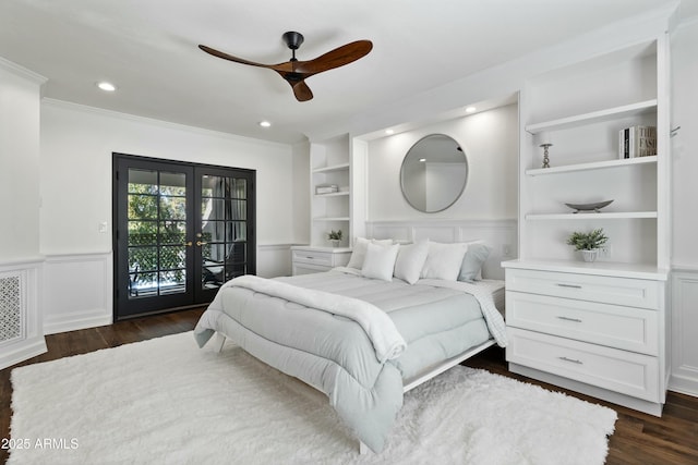 bedroom featuring ceiling fan, crown molding, french doors, dark wood-type flooring, and access to exterior