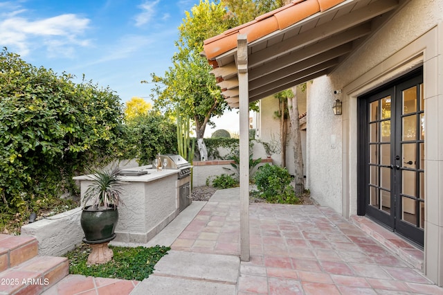 view of patio / terrace with area for grilling, an outdoor kitchen, and french doors