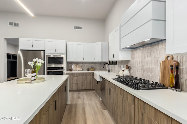 kitchen with decorative backsplash, white cabinetry, appliances with stainless steel finishes, and custom exhaust hood