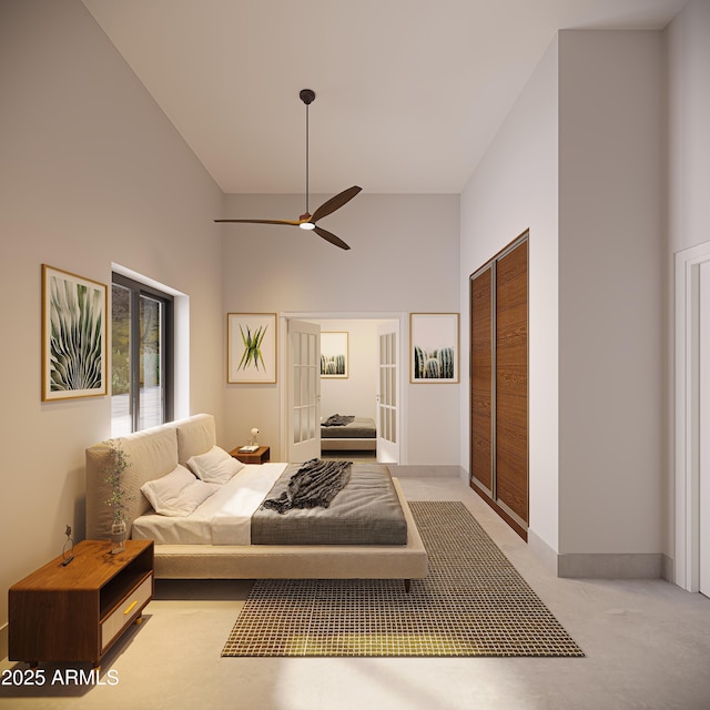 carpeted bedroom featuring a towering ceiling, a closet, and ceiling fan