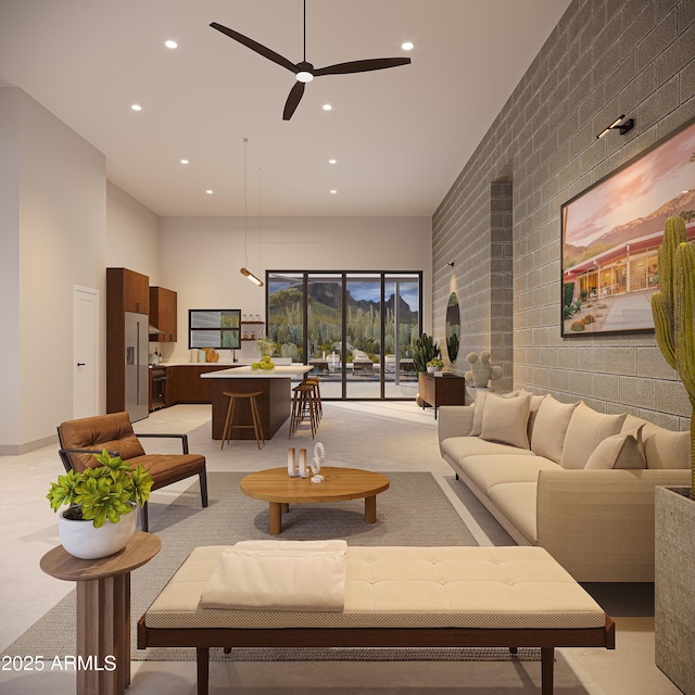 living room with ceiling fan, light colored carpet, and brick wall