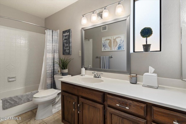 full bath featuring tile patterned flooring, toilet, shower / tub combo, vanity, and visible vents