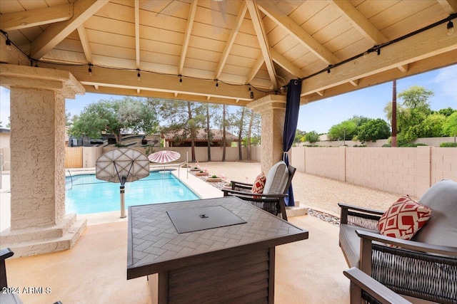 exterior space featuring a gazebo, a fenced backyard, and a fenced in pool