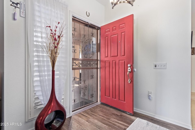 foyer with baseboards and wood finished floors