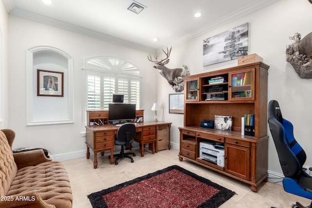 home office featuring light tile patterned floors and crown molding