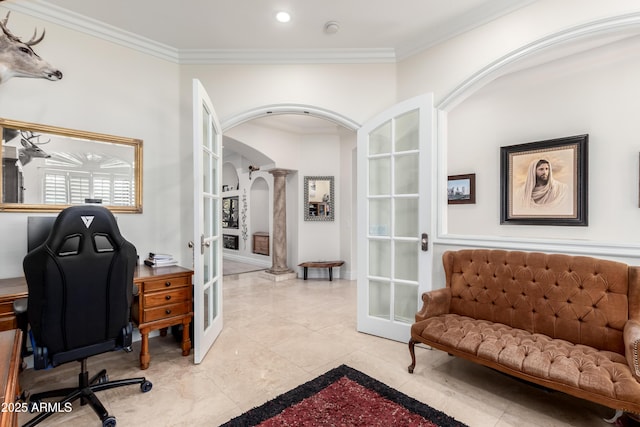 office area featuring french doors and ornamental molding