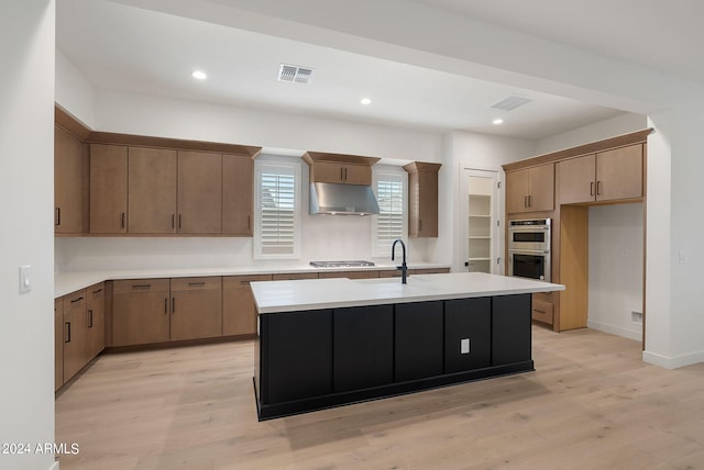 kitchen with visible vents, light wood-style flooring, appliances with stainless steel finishes, under cabinet range hood, and a sink